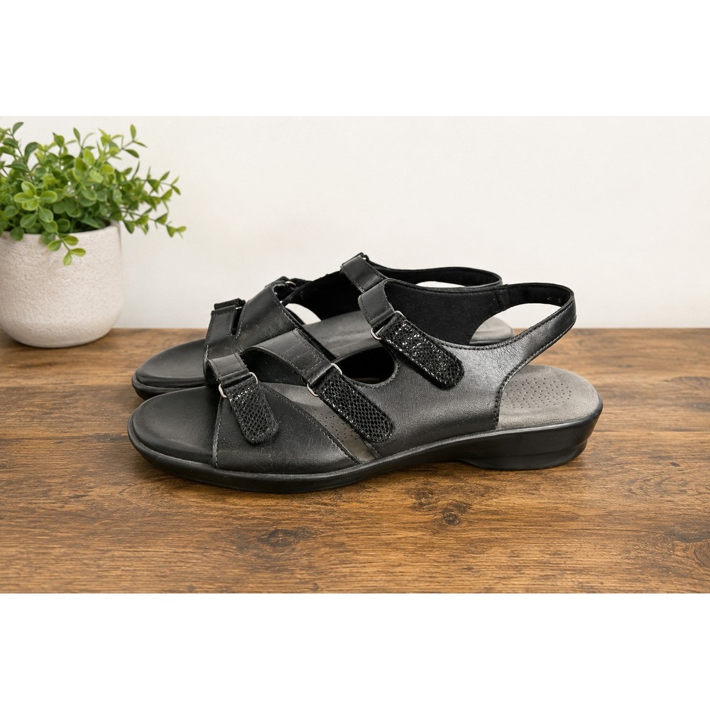 SAS Tabby Womens Black Leather Slingback Comfort Sandals Adjustable Straps 9 N